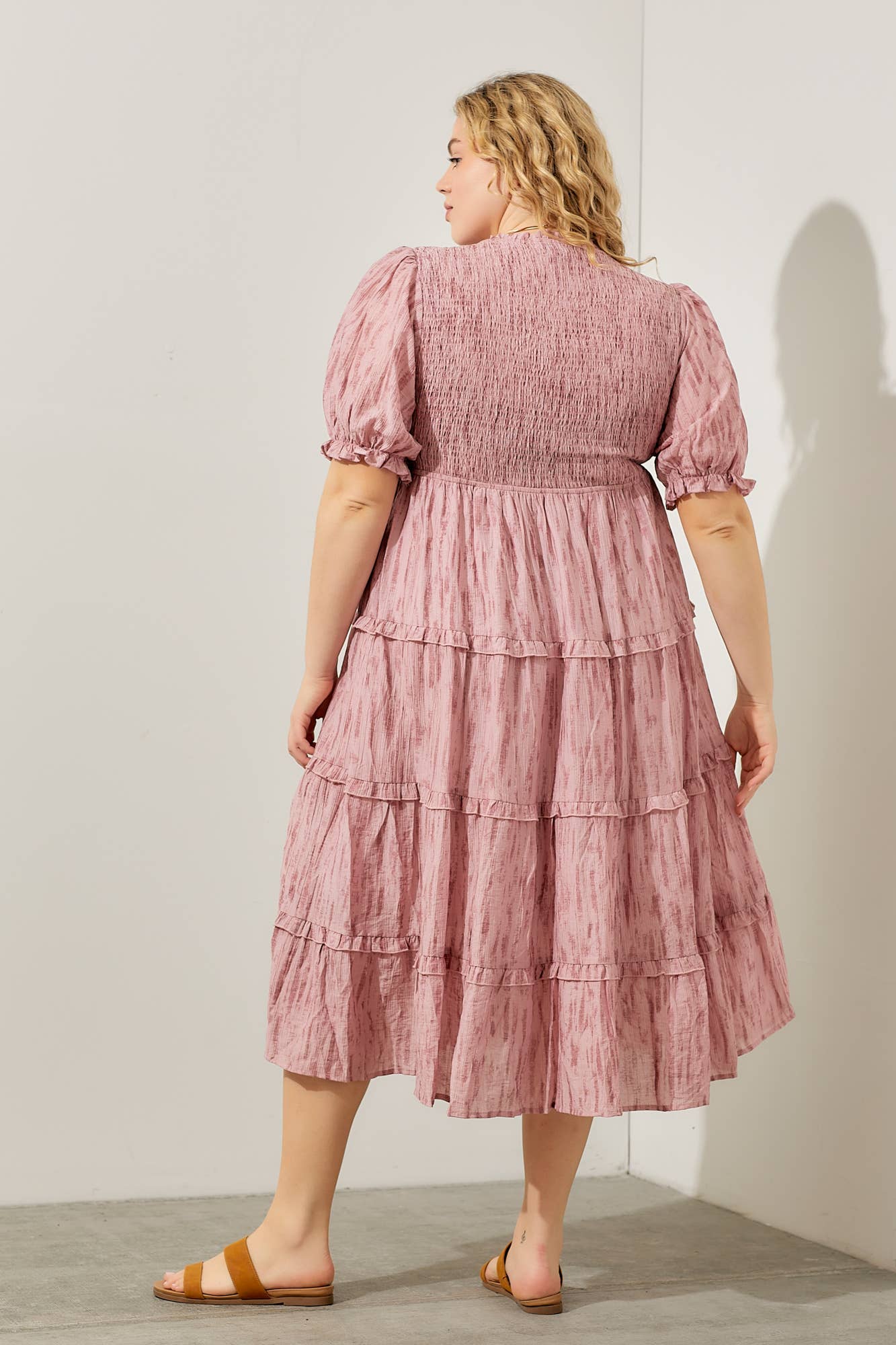 SMOCKED BODICE TIERED MIDI DRESS