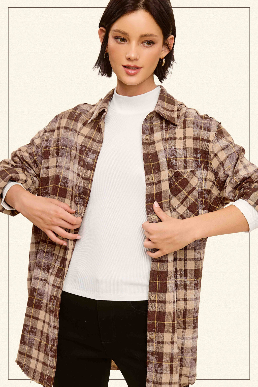 ACID WASHED CUT EDGE BUTTON DOWN PLAID SHIRT
