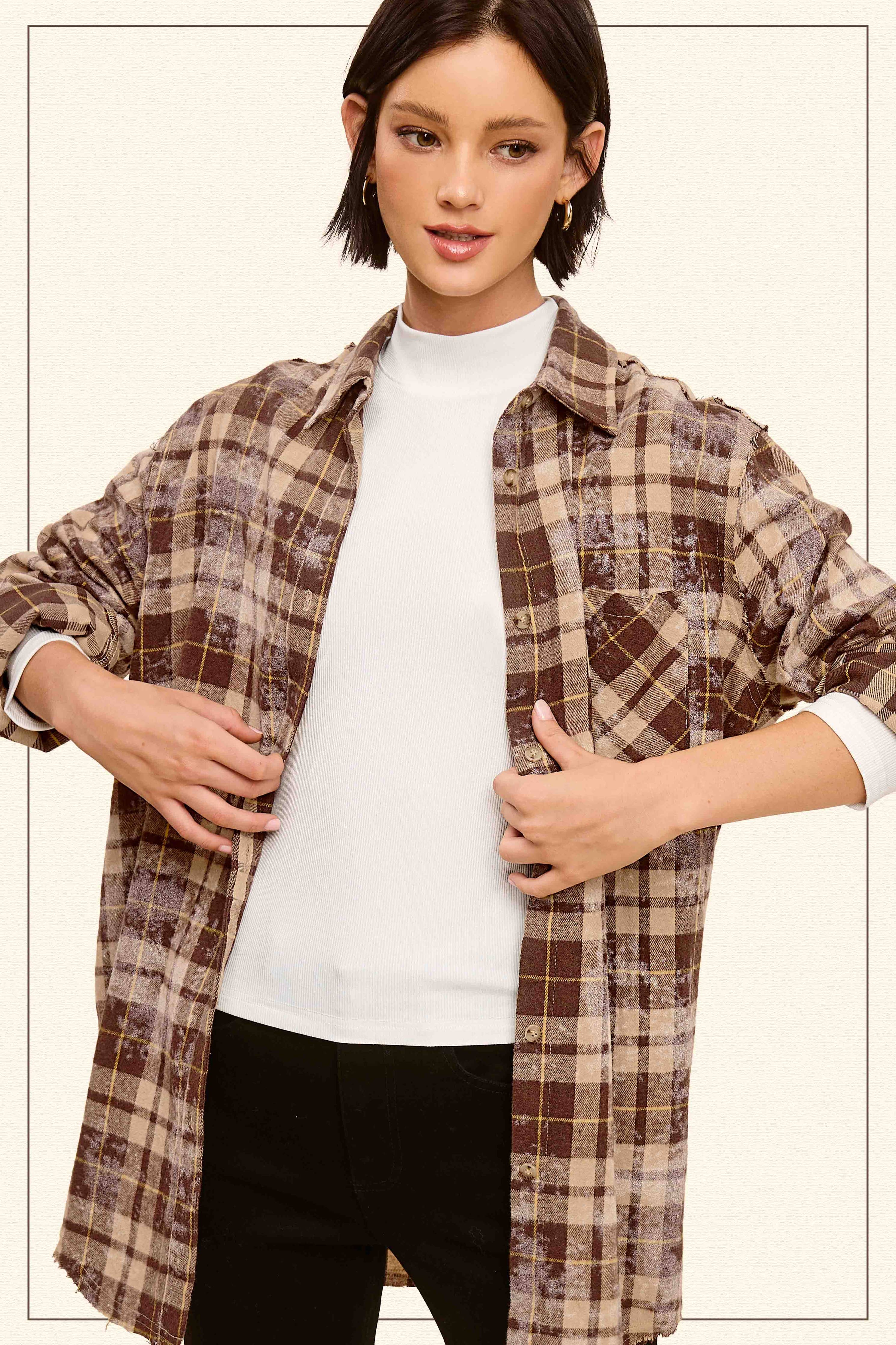 ACID WASHED CUT EDGE BUTTON DOWN PLAID SHIRT
