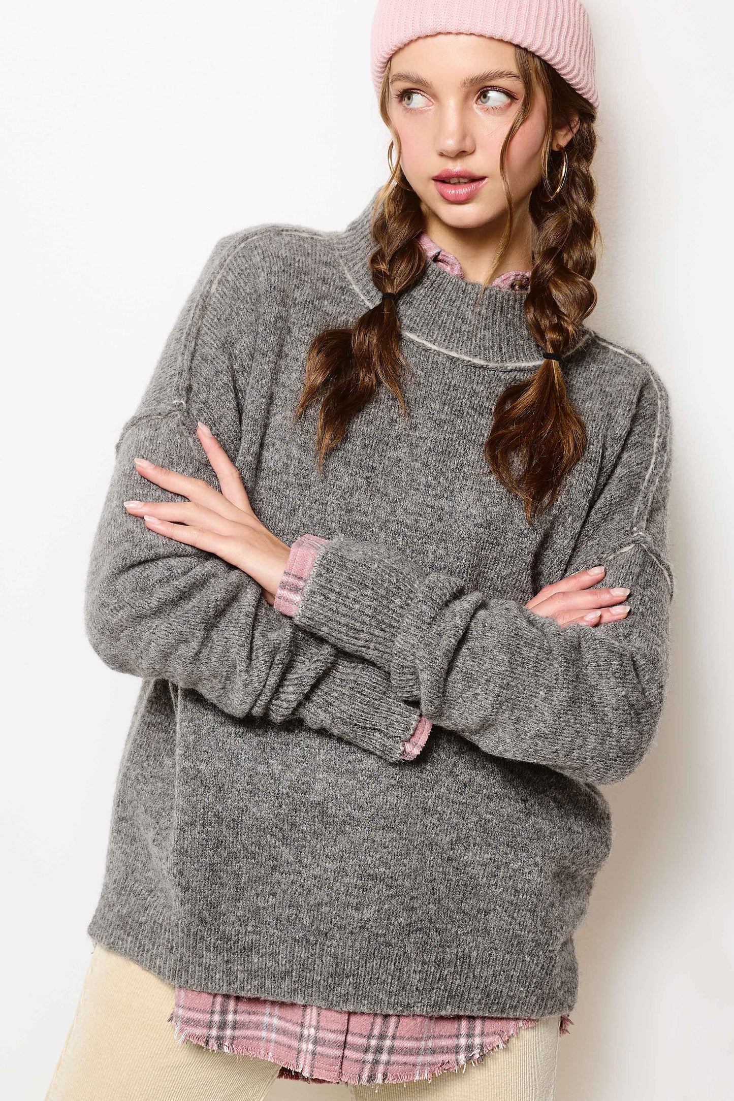 Loose Fit Mock Neck Exposed Seaming Detailed Sweater