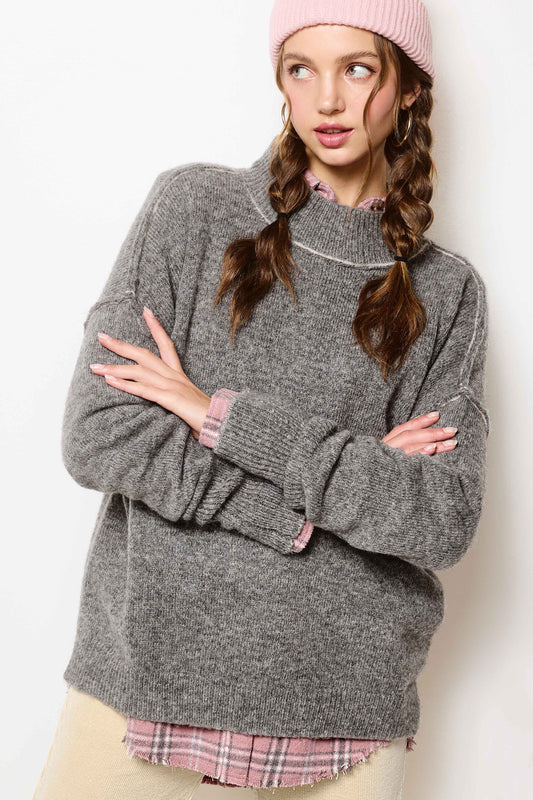 Loose Fit Mock Neck Exposed Seaming Detailed Sweater