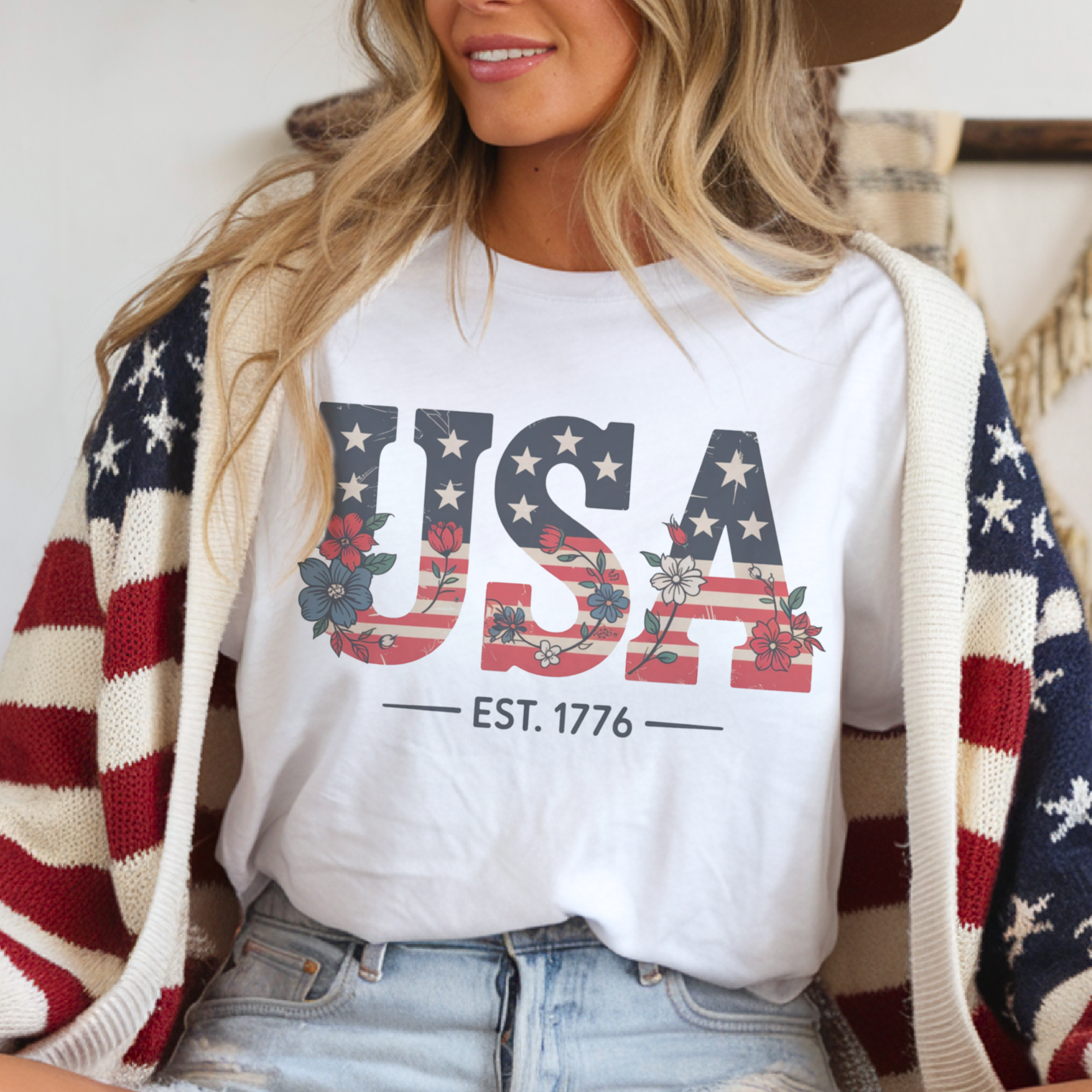 USA Floral Patriotic Vintage Graphic Tee