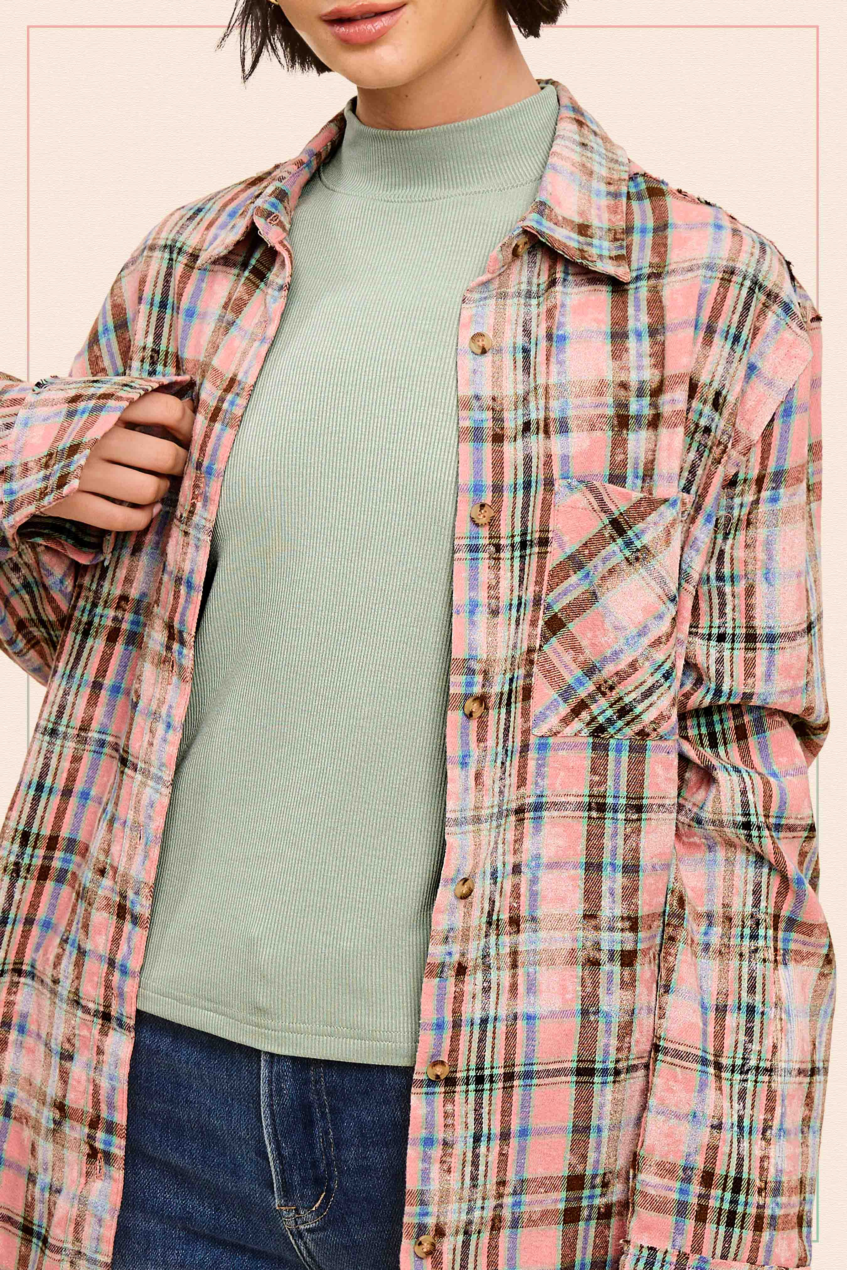 ACID WASHED CUT EDGE BUTTON DOWN PLAID SHIRT