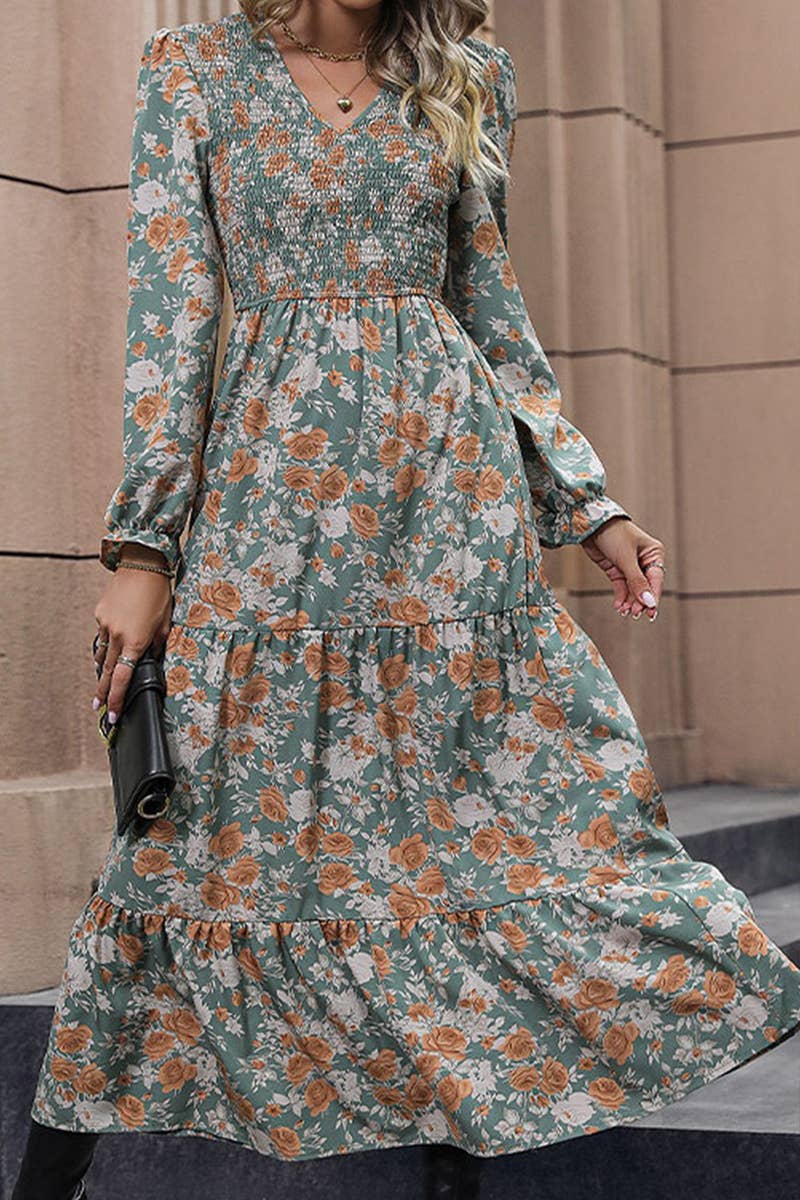 RUFFLE LONG SLEEVE SMOCKED MAXI DRESS