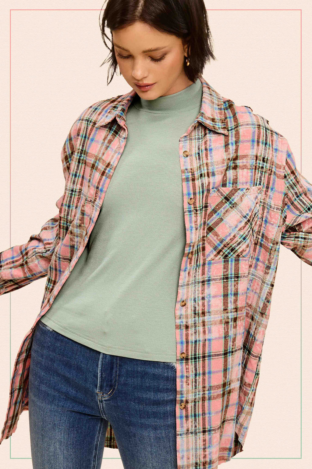 ACID WASHED CUT EDGE BUTTON DOWN PLAID SHIRT