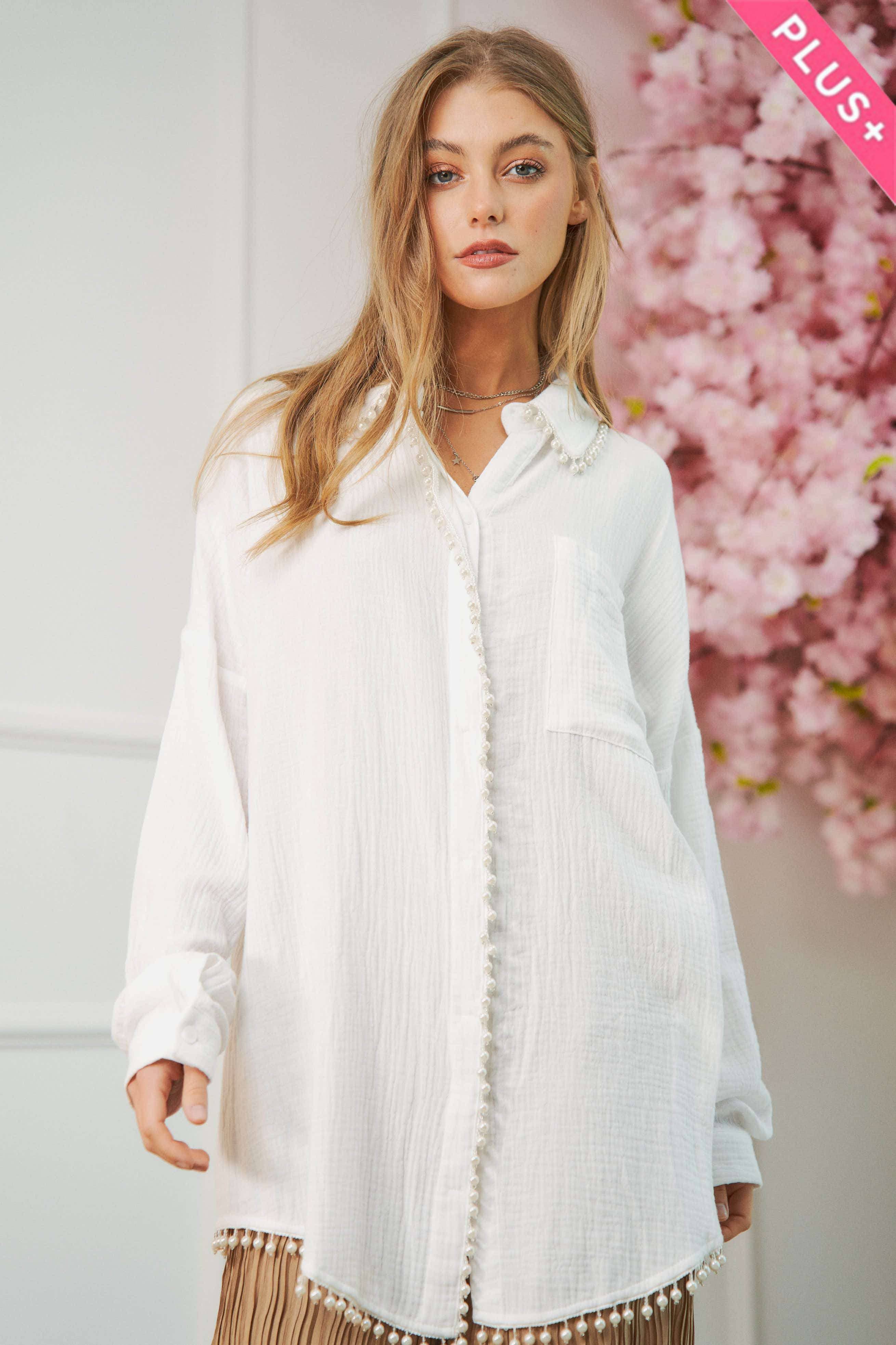 PEARL EMBELLISHMENT BUTTON FRONT SHIRT