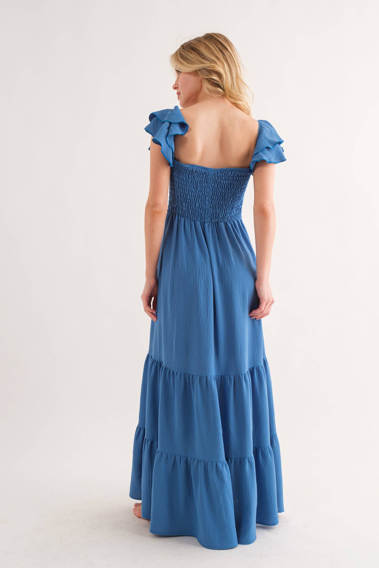 Solid Flared Sleeve Long Tiered Dress