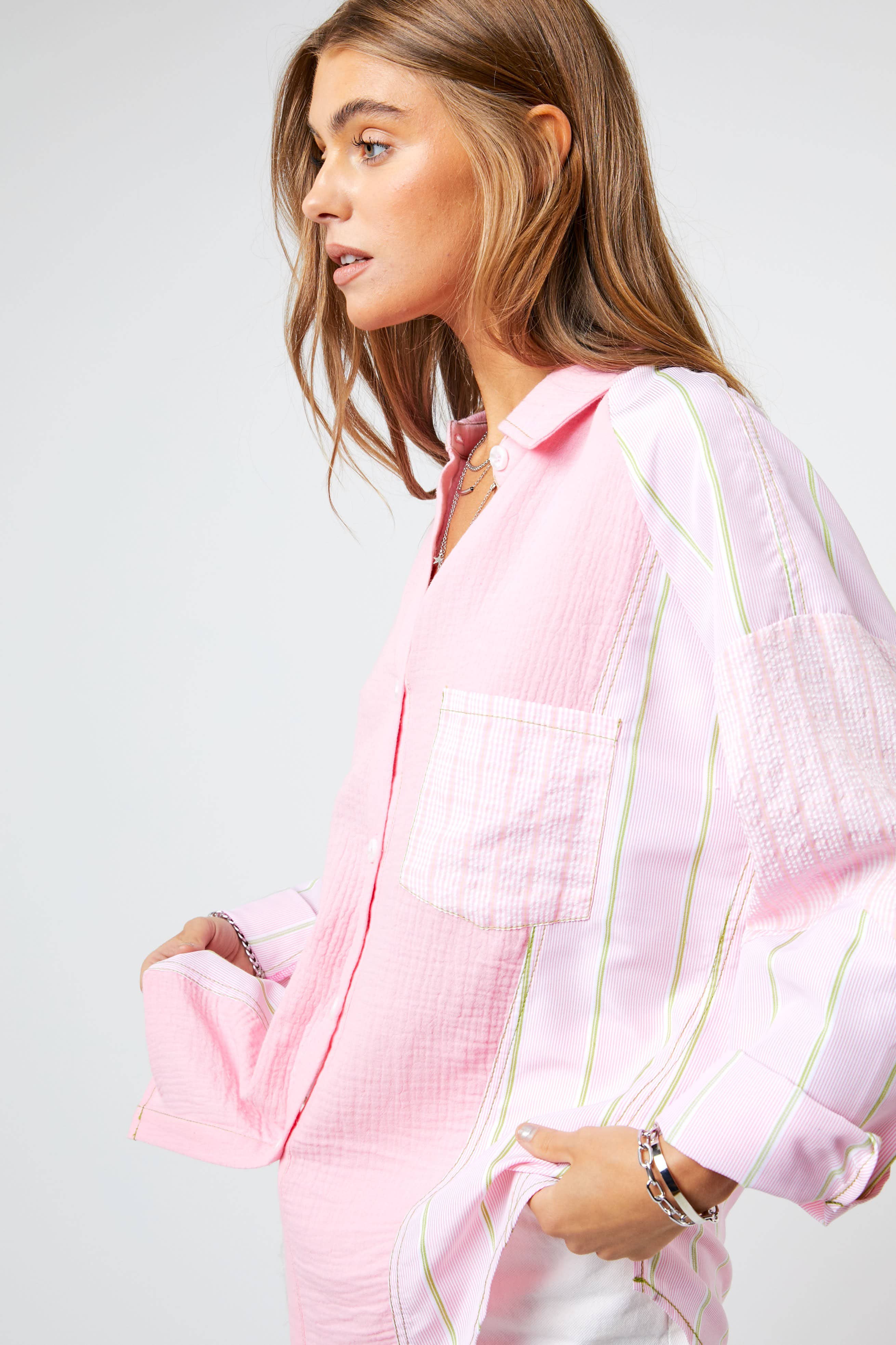 PLAID STRIPE MIXED MATCH BUTTON FRONT SHIRT