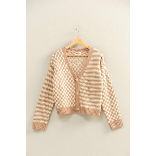 Checker And Stripe Contrast Cardigan
