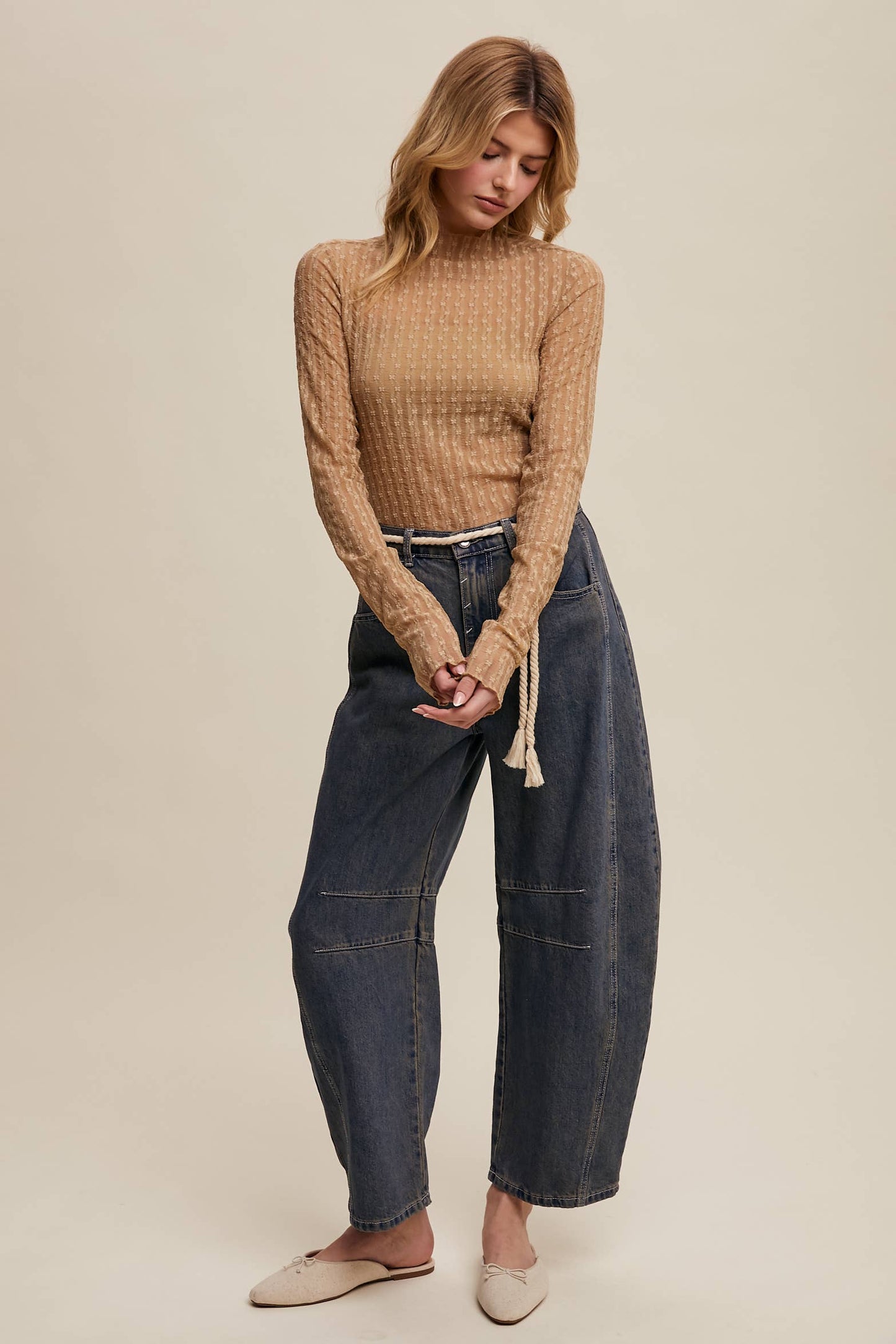 Semi Sheer Textured Lace Long-Sleeve Layering Top