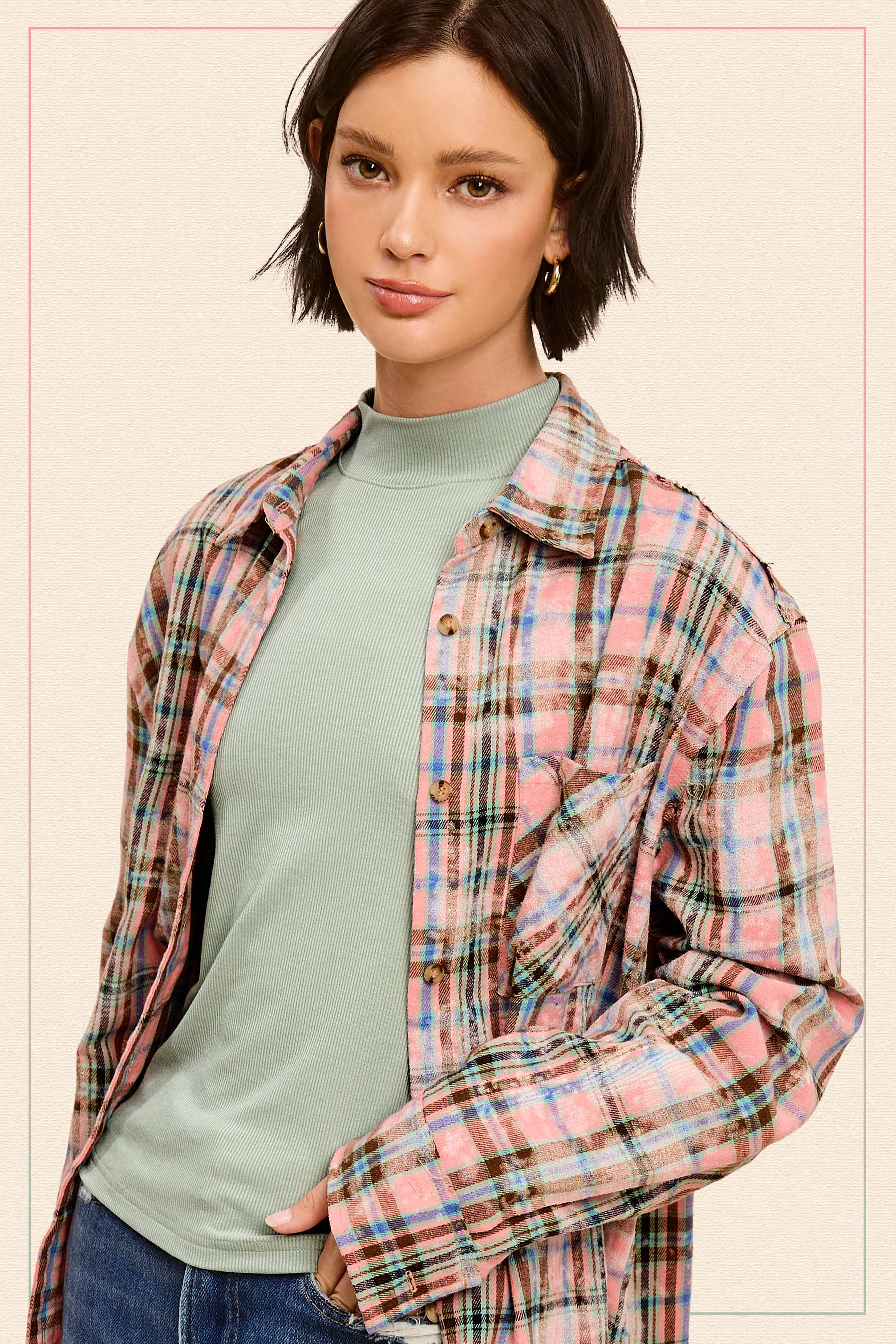 ACID WASHED CUT EDGE BUTTON DOWN PLAID SHIRT