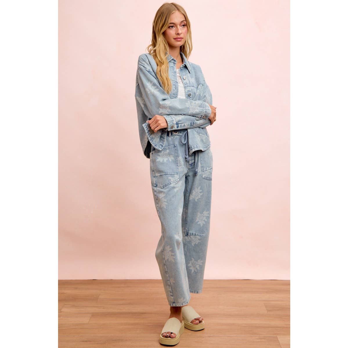 Rose Printed Washed Denim Pants