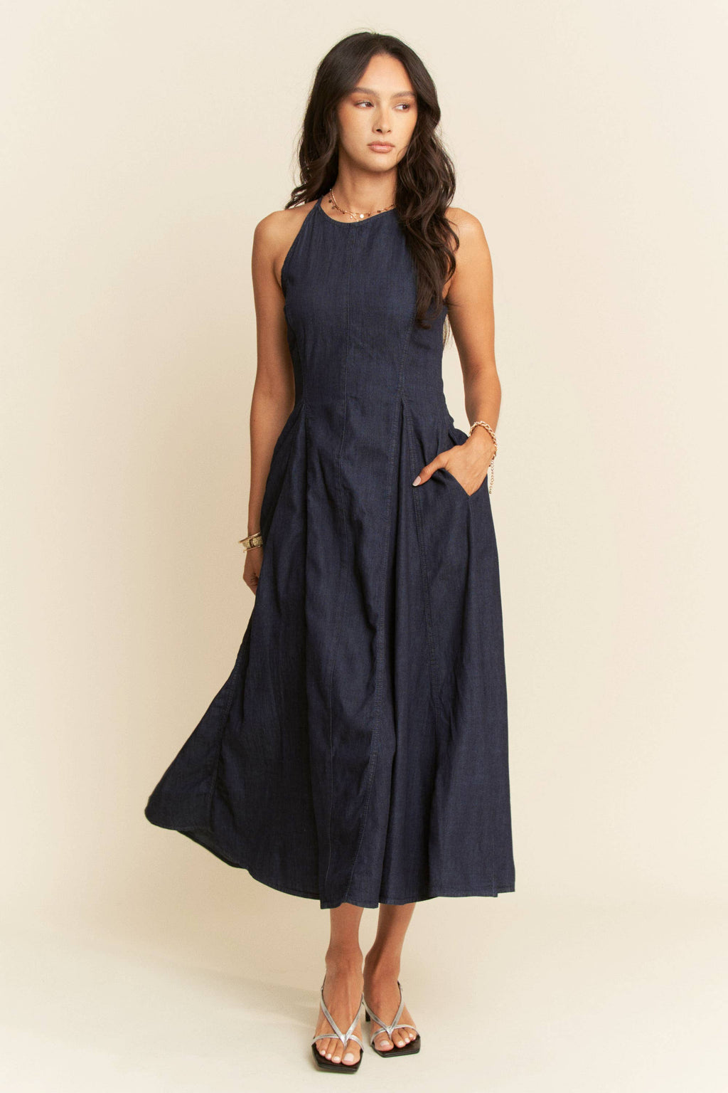 Denim Sleeveless Flare Maxi Dress