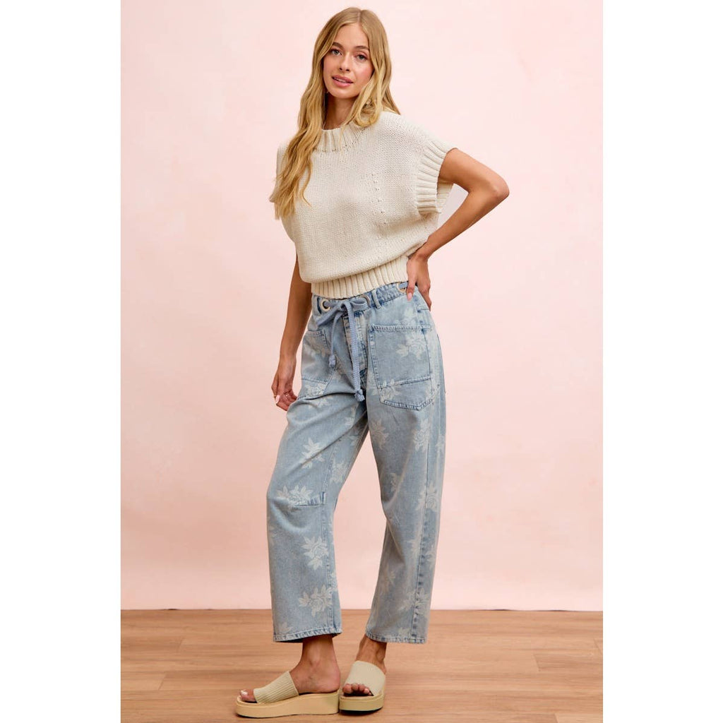 Rose Printed Washed Denim Pants