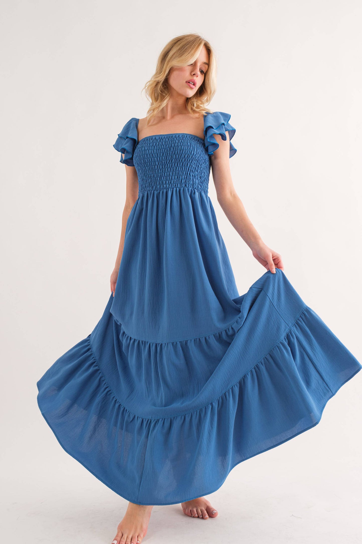 Solid Flared Sleeve Long Tiered Dress