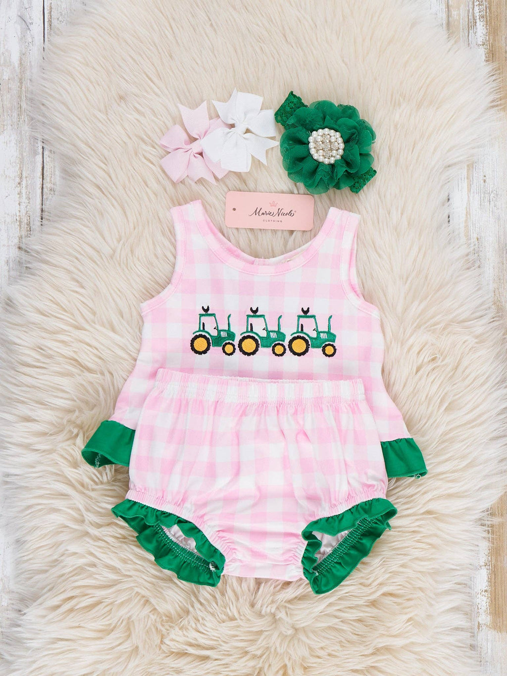 Little Farmer’s Embroidered Plaid Bloomers Outfit