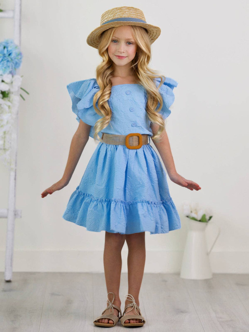 Sky Blue Ruffle Sleeve Belted Skirt Set