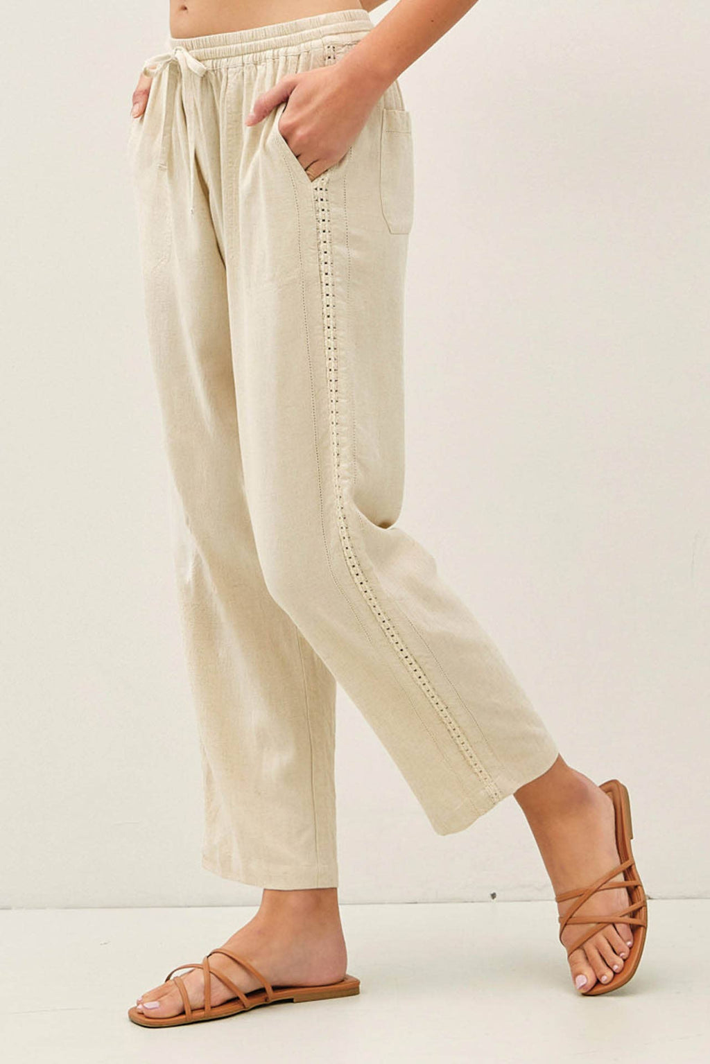 Lace Trim Tapered Linen Pants
