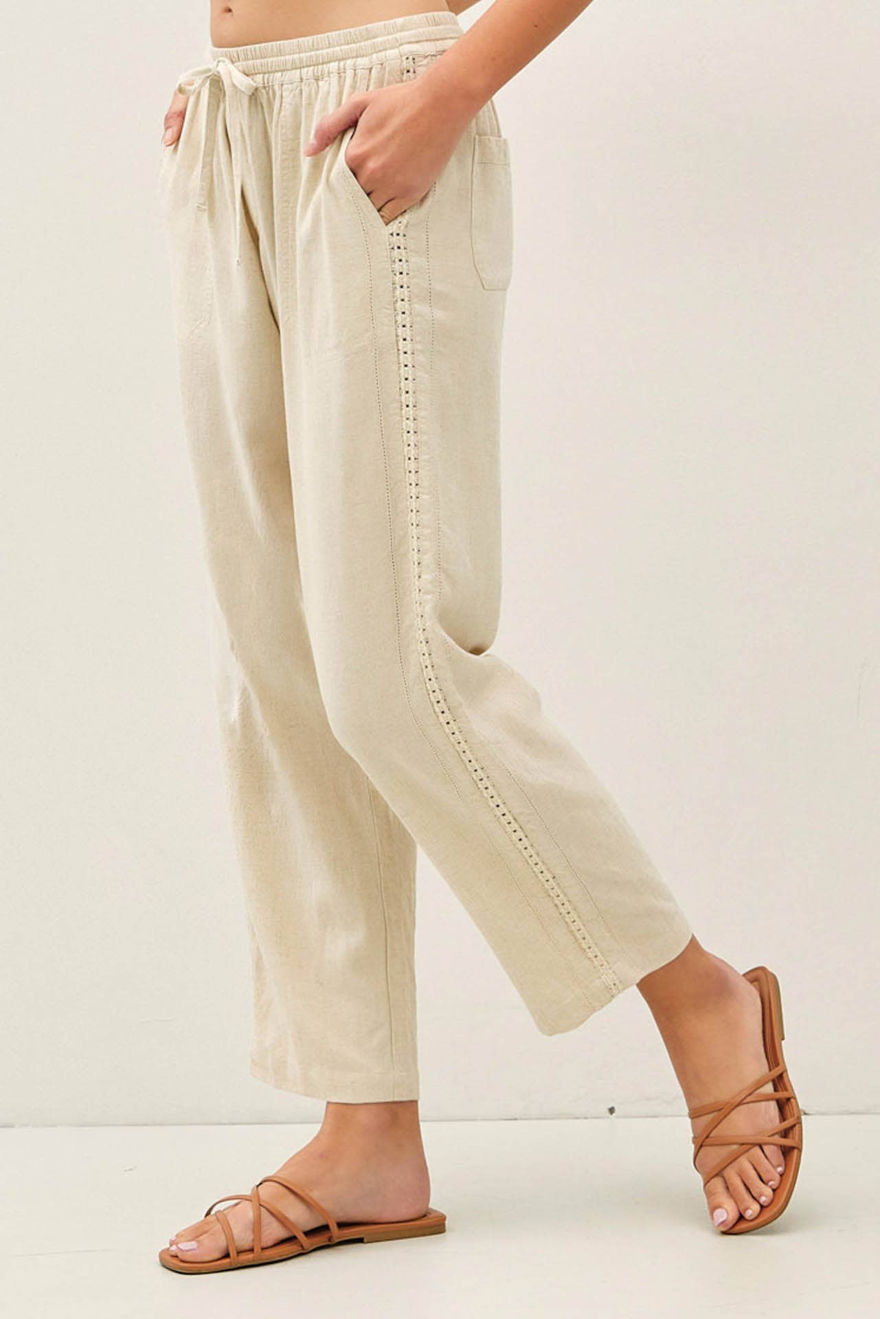 Lace Trim Tapered Linen Pants