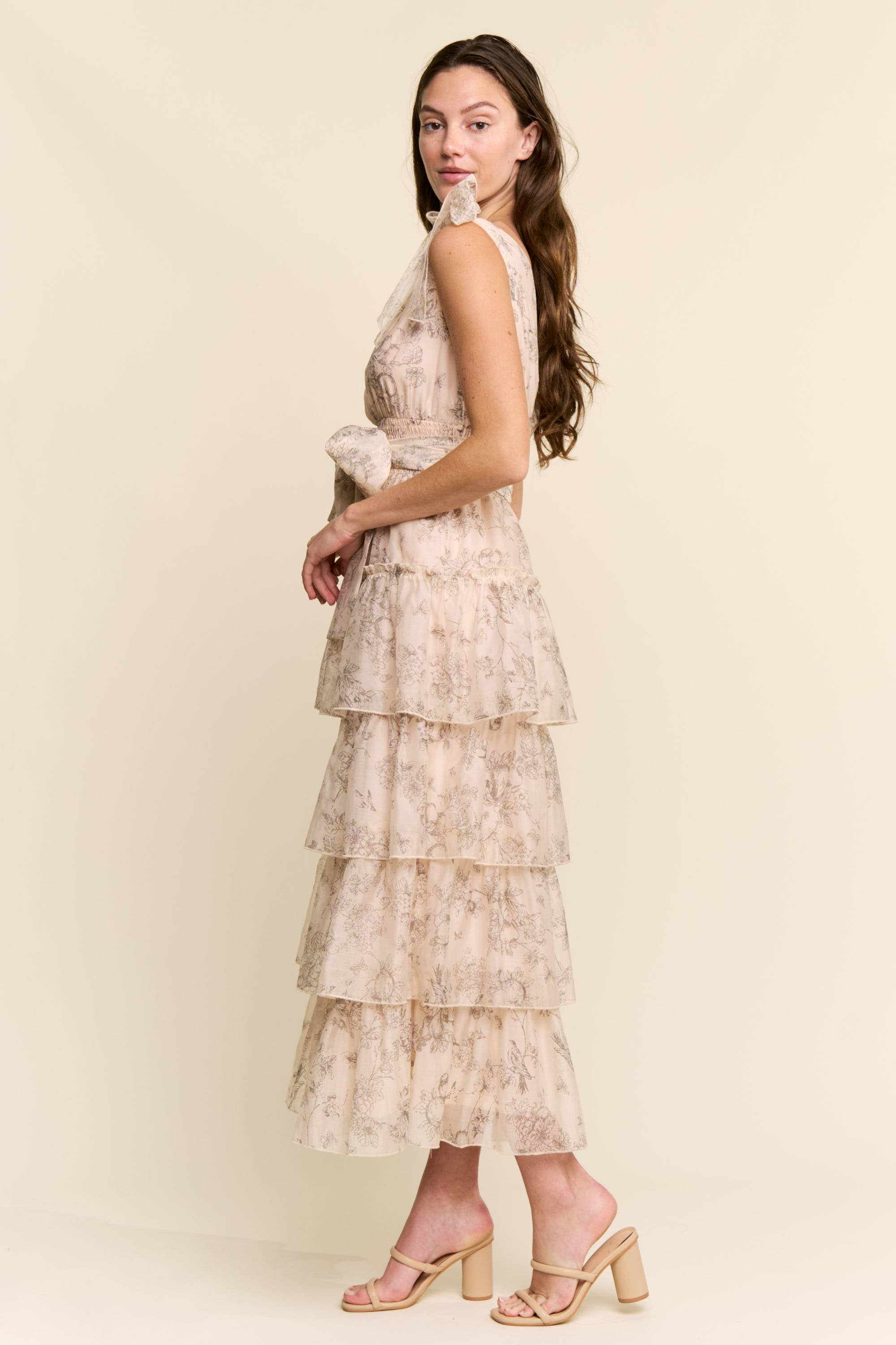 Peachy Floral Tiered Midi Dress