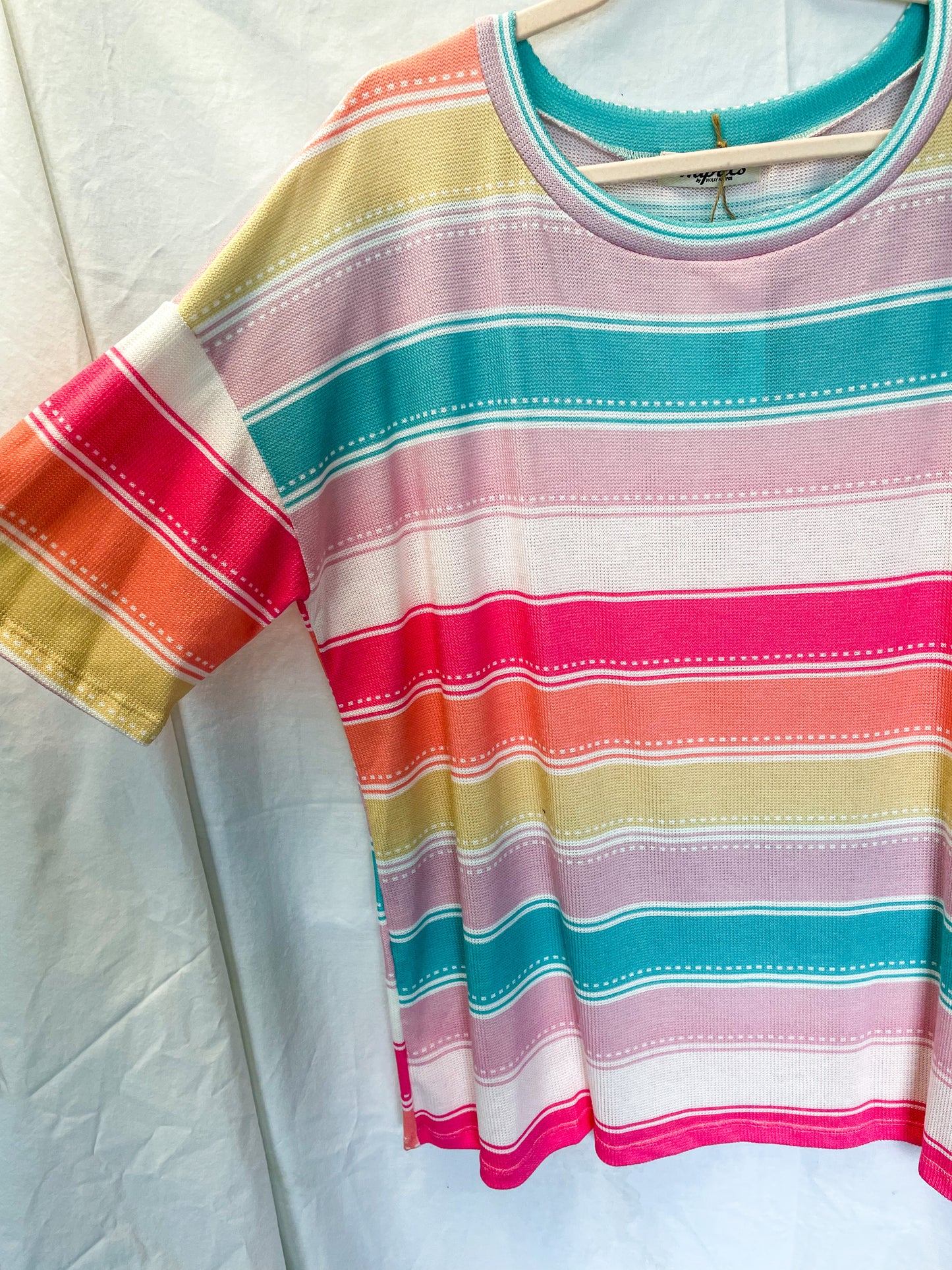 Multi Color Stripe Round Neck Elbow Sleeve Loose Fit Knit