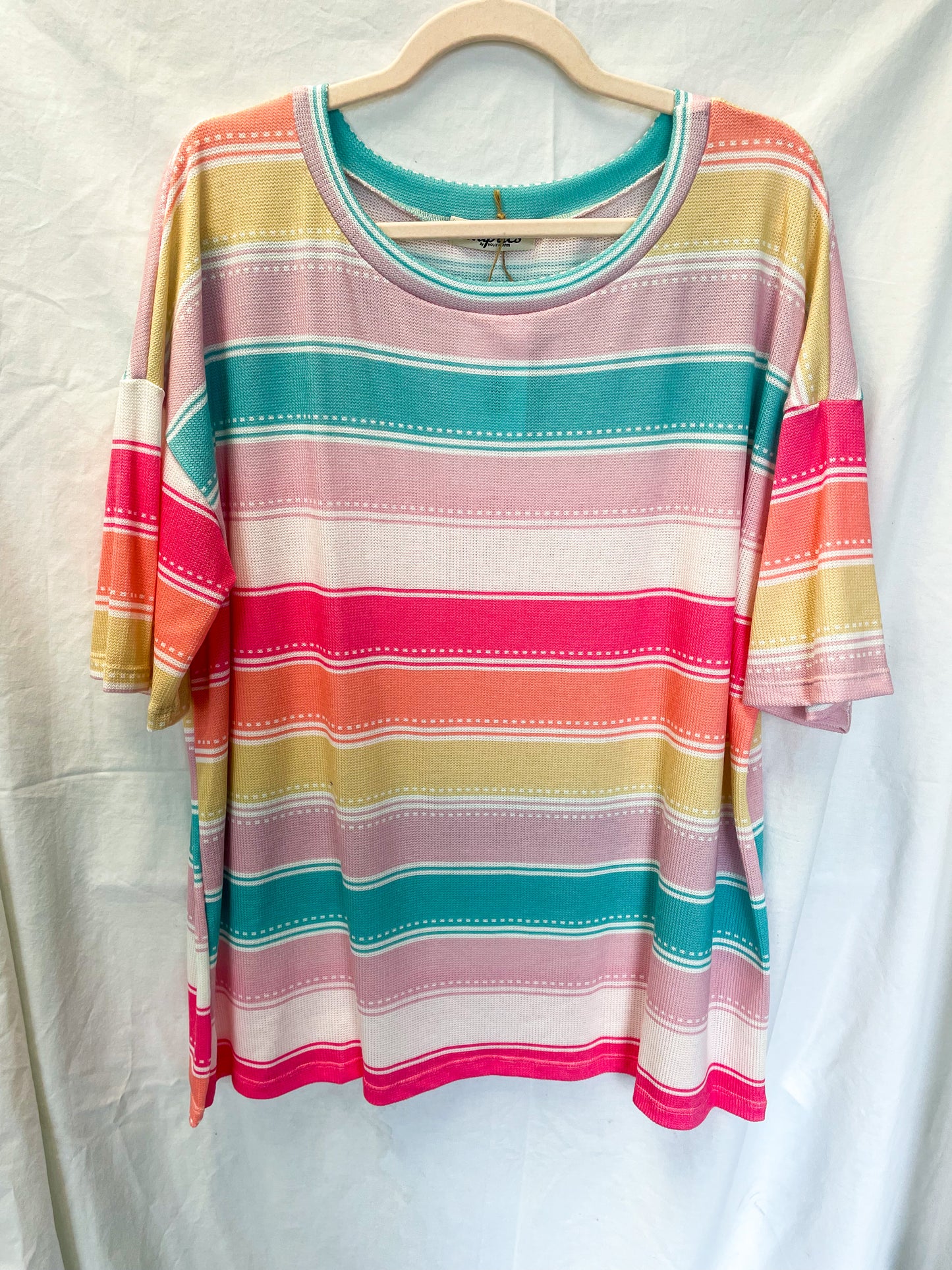 Multi Color Stripe Round Neck Elbow Sleeve Loose Fit Knit