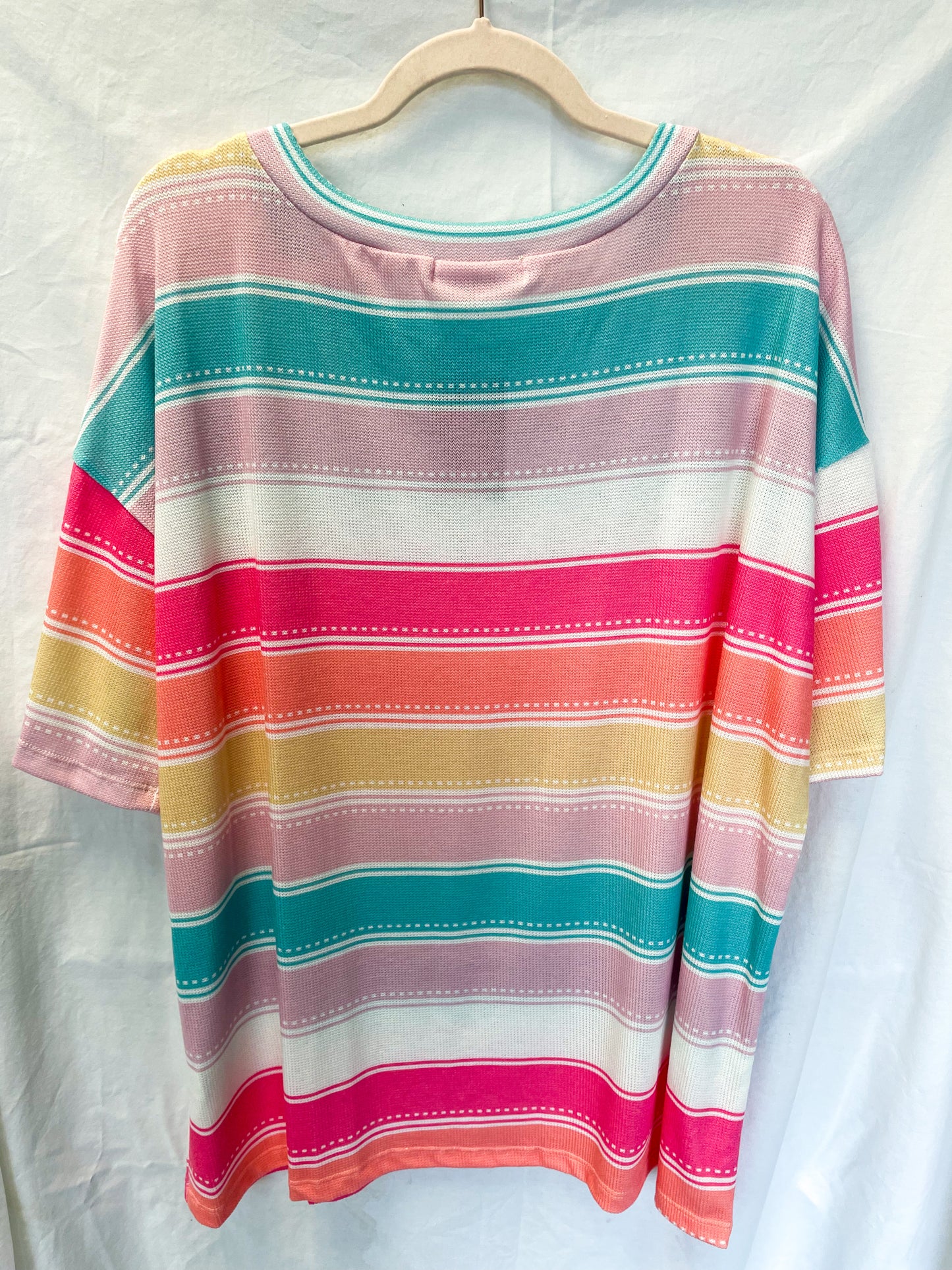 Multi Color Stripe Round Neck Elbow Sleeve Loose Fit Knit